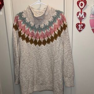 L.L. Bean Women's Sweater with Pink, Green, And Brown Pattern Mock Neck 2X